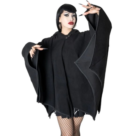 Black Web Hooded Cape Bat Wing Fleece 2 Sizes NWT S-XL 2XL-4XL - Picture 2 of 8